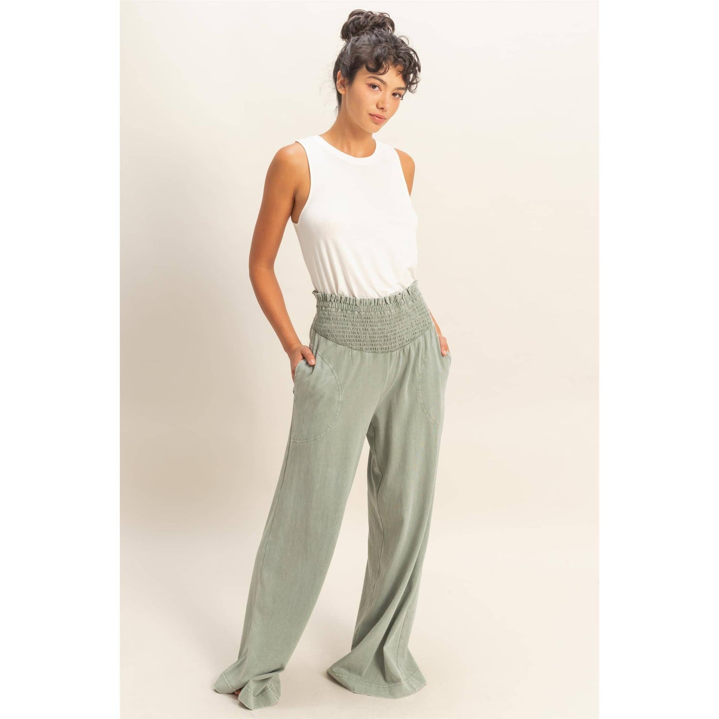 HYFVE - Mineral Washed Wide-Leg Smocked Waist Pants