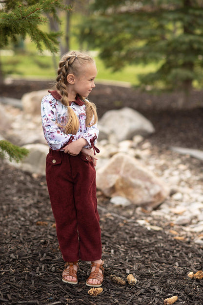 Wren & James - Kids Wine Burgundy Corduroy Pocket Bow Winter Pant Set