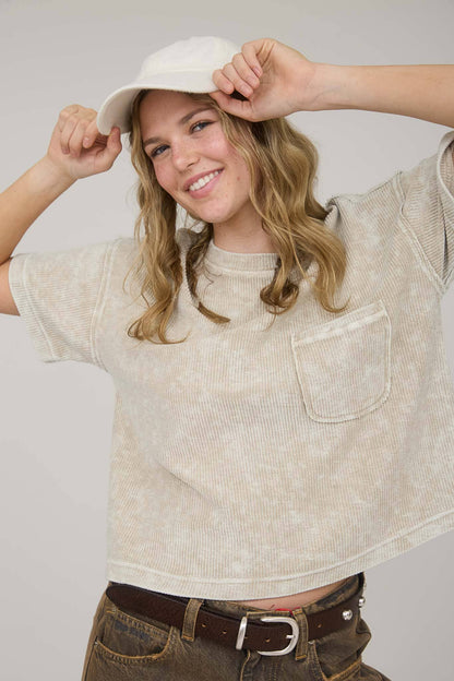 Washed Ribbed Short Sleeve Tee with Pocket