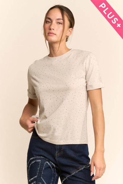 Davi & Dani - PLUS RHINESTONE EMBELLISHED RELAXED CREW NECK TEE