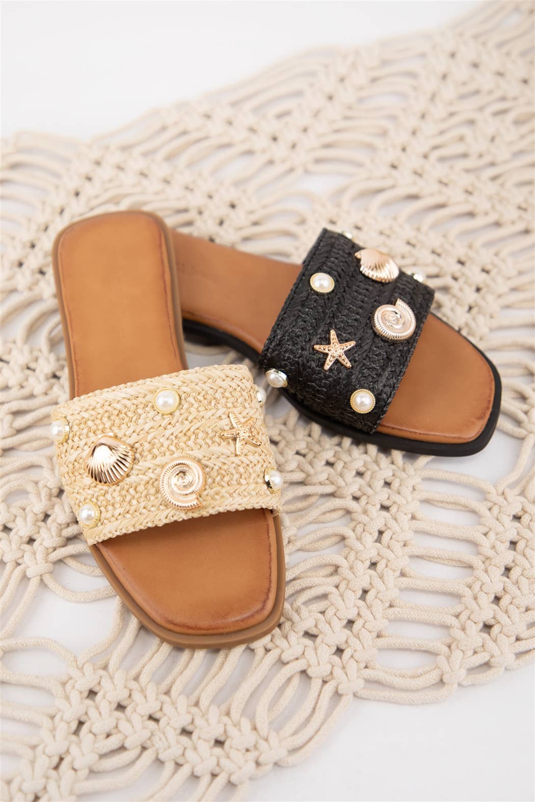 CCOCCI - SONIO-01 Coastal Charm Raffia Slide Sandals with Gold Embell