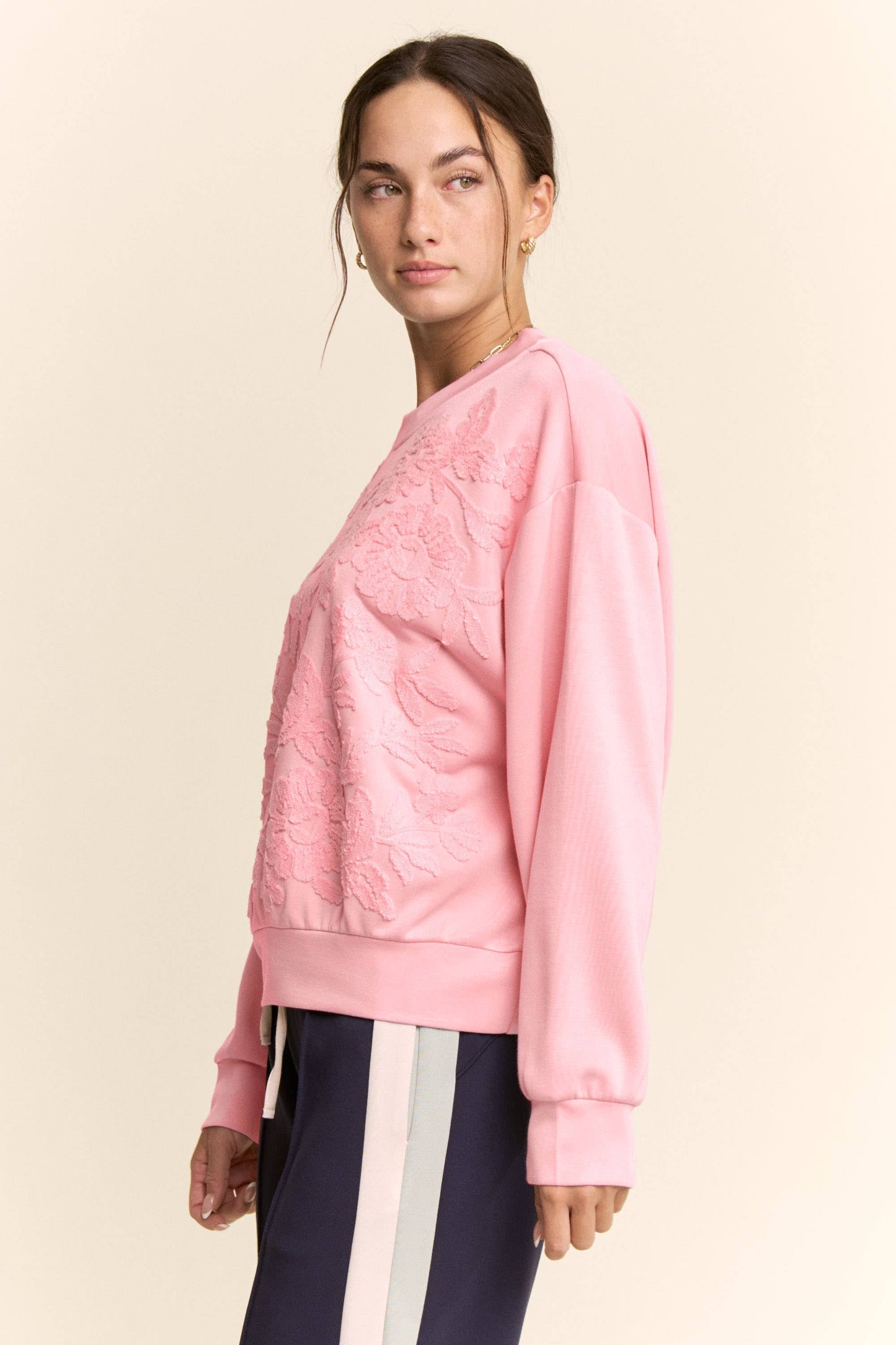 Davi & Dani - SHEER FLORAL FRONT EMBROIDERY ON SELF SWEATSHIRT