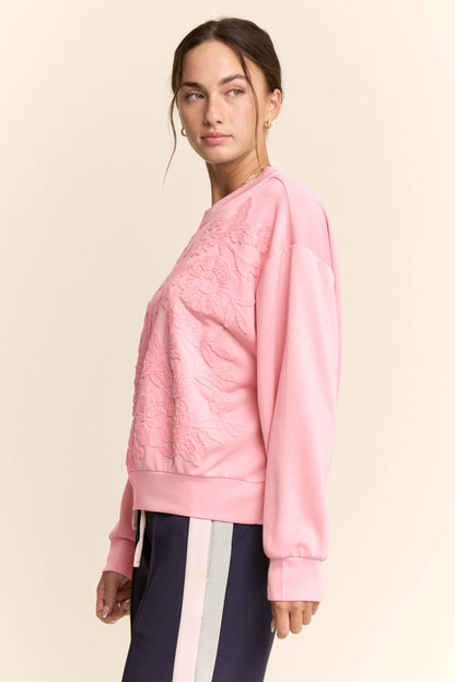 Davi & Dani - SHEER FLORAL FRONT EMBROIDERY ON SELF SWEATSHIRT
