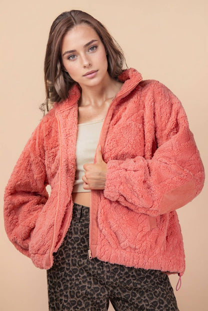 VERY J - NJ90433- Fuzzy Fleece Cozy Cable Pattern Zip Up Jacket