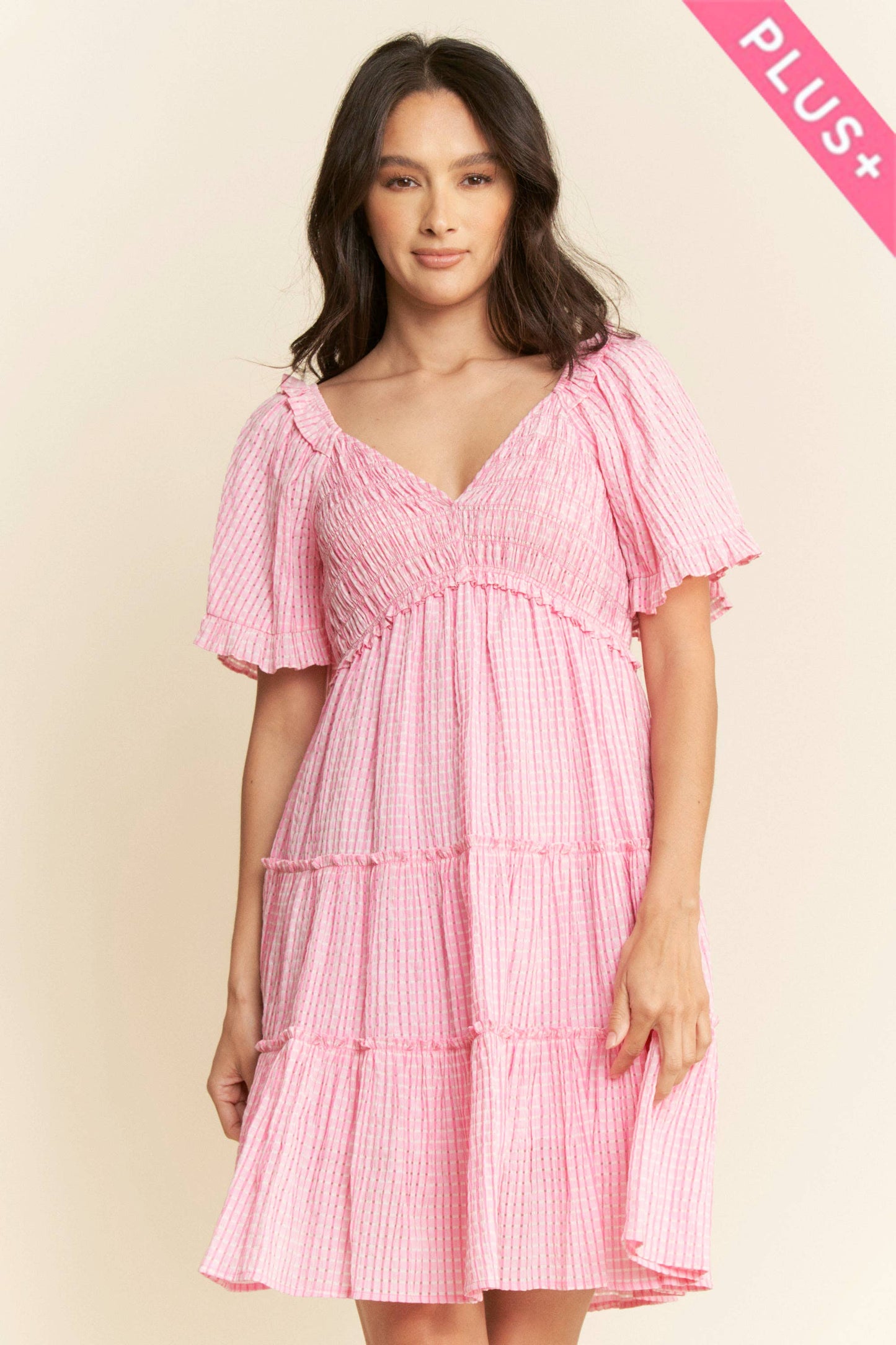 PLUS SMOCKING BODICE RUFFLE SLEEVE TIERED DRESS