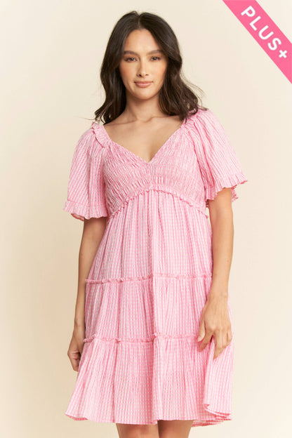 PLUS SMOCKING BODICE RUFFLE SLEEVE TIERED DRESS