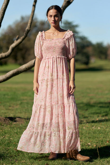 Davi & Dani - SMOCKED SQUARE NECK TIERED FLORAL MAXI DRESS