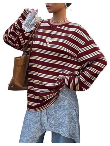 HIDDENBRAND - Retro Versatile Crewneck Drop Shoulder Striped T-Shirt