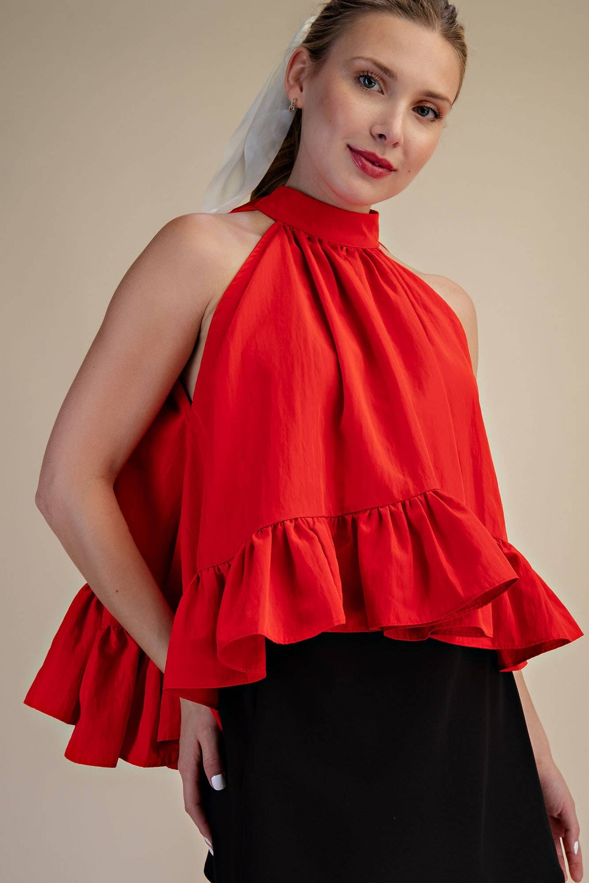 Glam - Halter Neck Sleeveless Back Neck Tie Ruffle Top