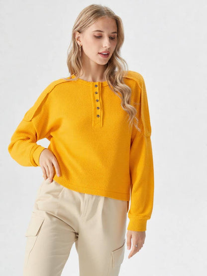 Raw Edge Detail Casual Waffle Knit Henley Top