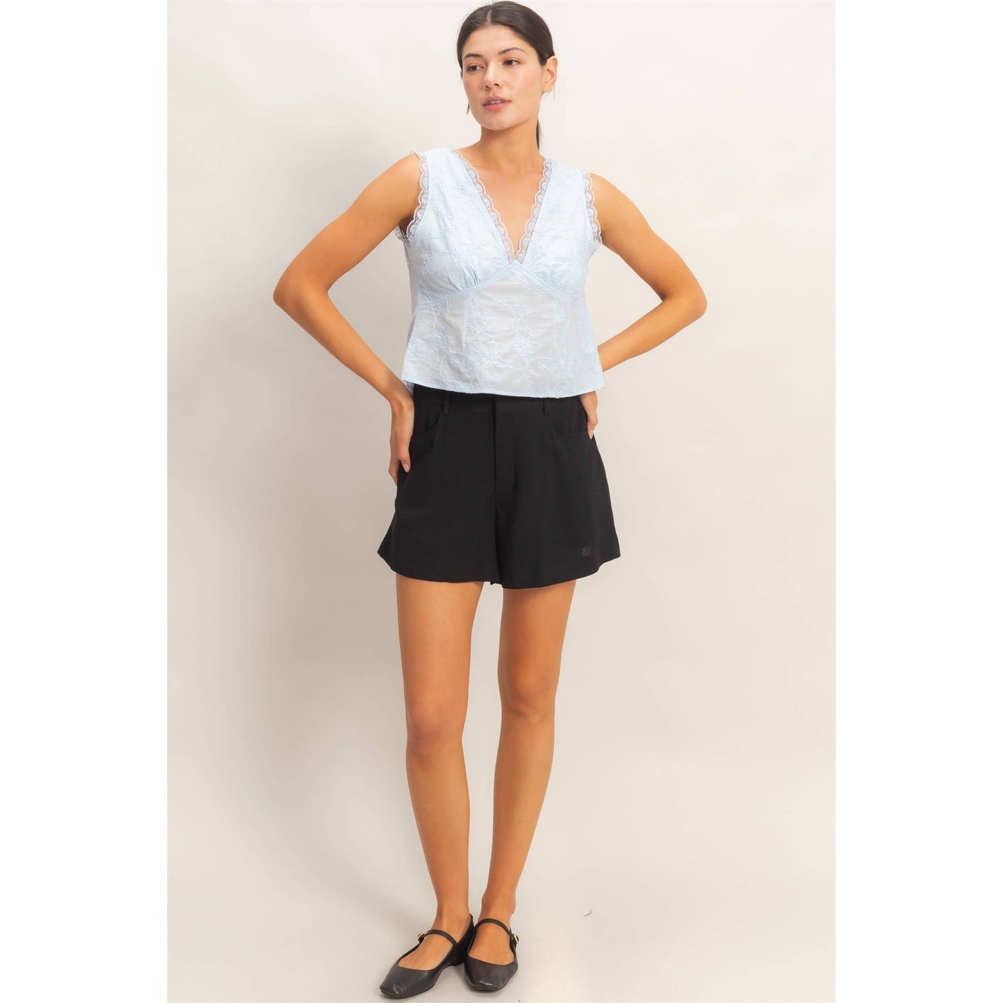 HYFVE - V-Neck Floral Lace Trim Top