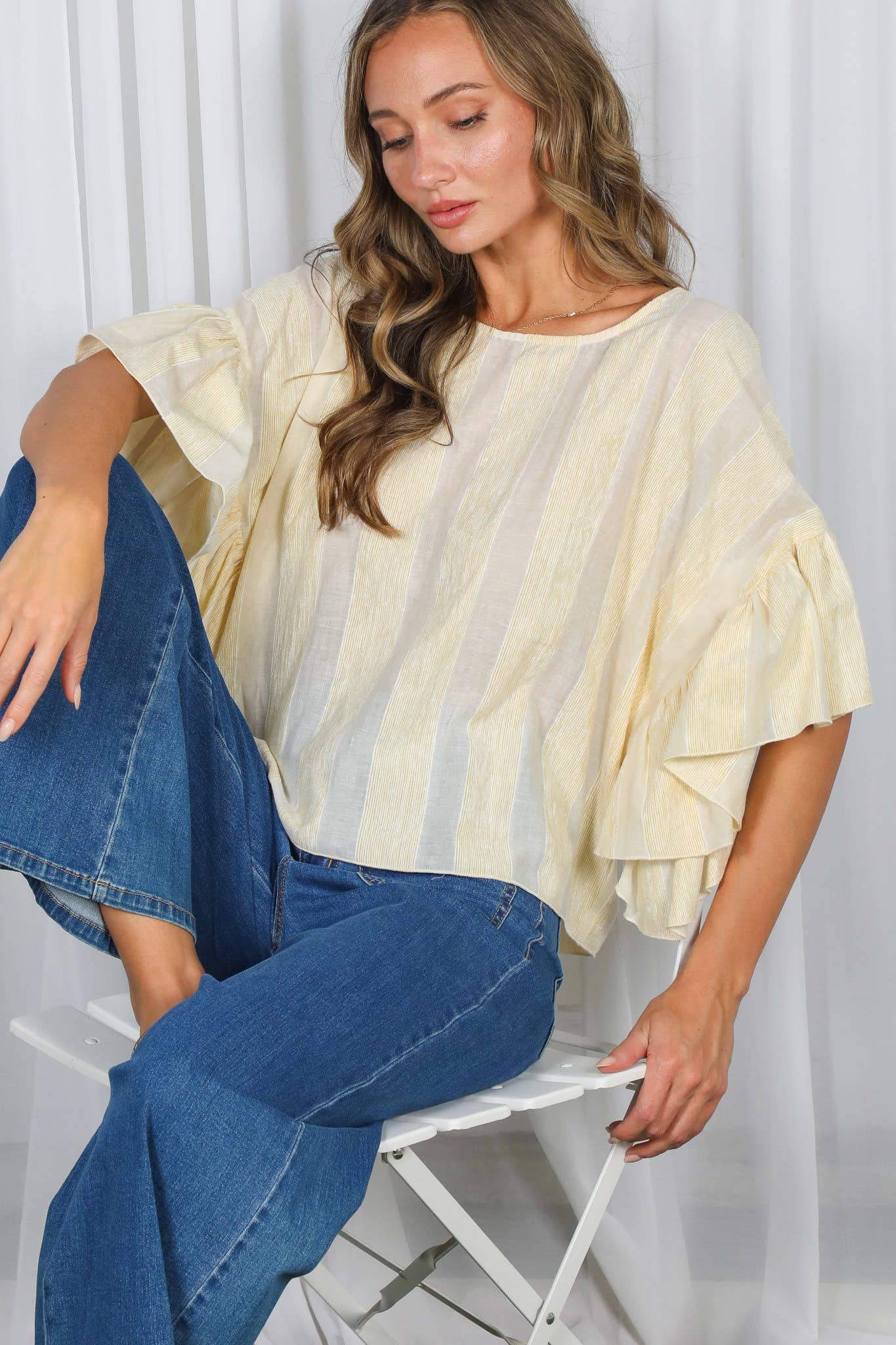 Wild Ruffle Embellished Sleeve Flowy Striped Top