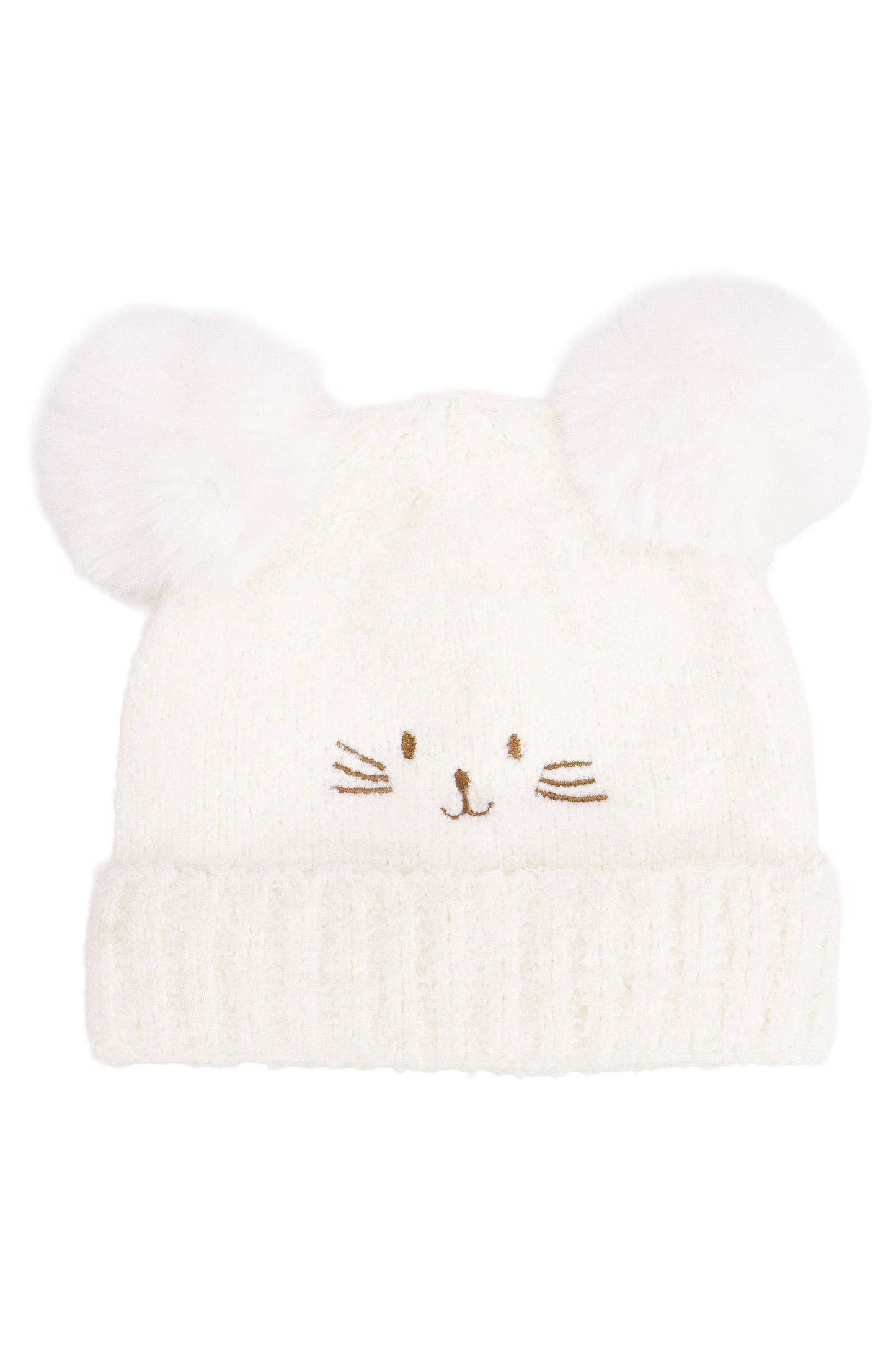 Cap Zone - Kids Kitty Cat Terry Fleece Double Pom Beanie