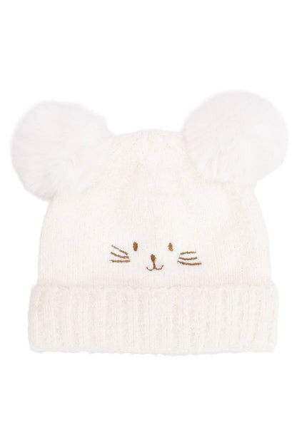 Cap Zone - Kids Kitty Cat Terry Fleece Double Pom Beanie
