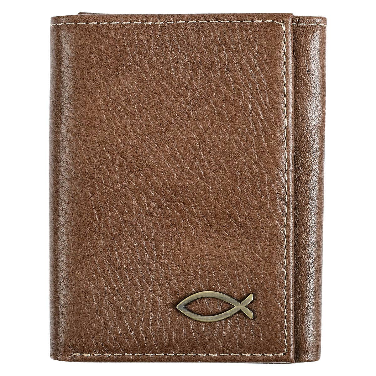 Christian Art Gifts - Wallet Leather Brown Ichthus Badge