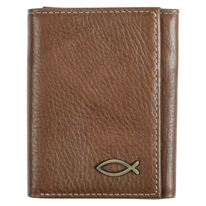 Christian Art Gifts - Wallet Leather Brown Ichthus Badge