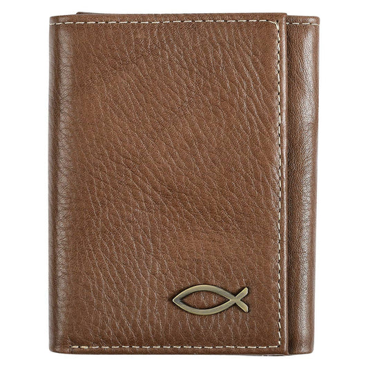 Christian Art Gifts - Wallet Leather Brown Ichthus Badge