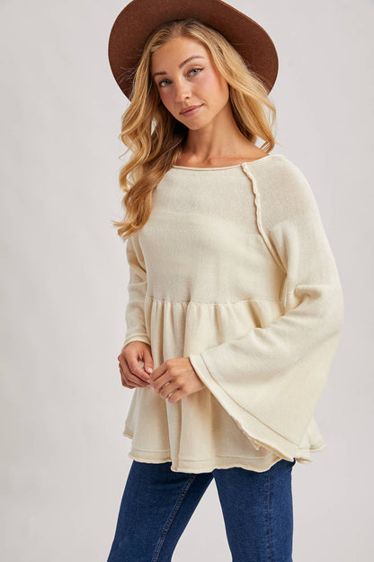 Bluivy - OVER STITCH TIERED BABY DOLL BELL SLEEVED SWEATER