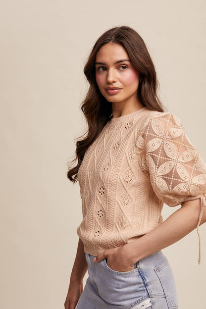 Listicle - Eyelet Puff Sleeve Knit Sweater Top