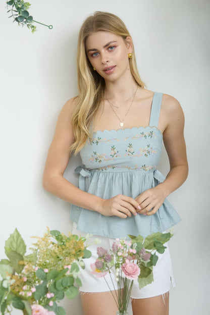Blu Pepper - FLORAL EMBROIDERY SIDE TIE SLEEVELESS TOP