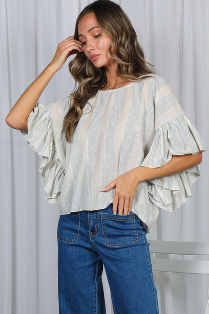 Wild Ruffle Embellished Sleeve Flowy Striped Top