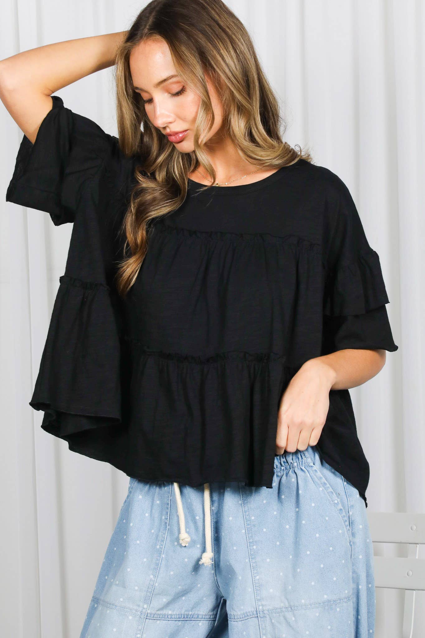 Vine & Love - Ruffle Tired Crew Neck 100%Cotton Top VT83163