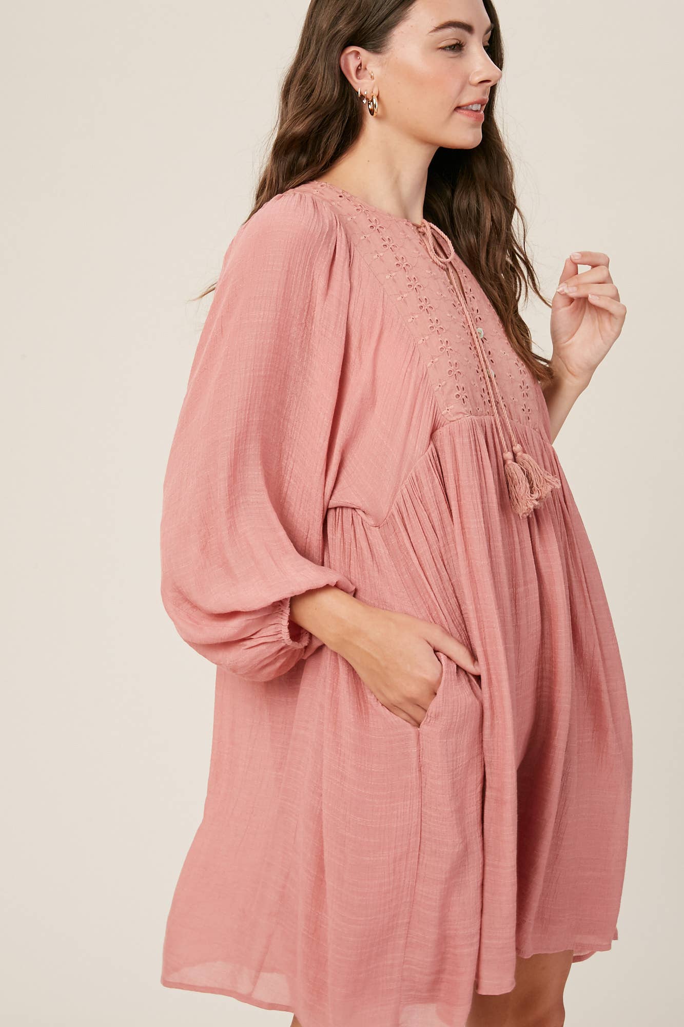 Listicle - Embroidered Tassel Tie Babydoll Dress