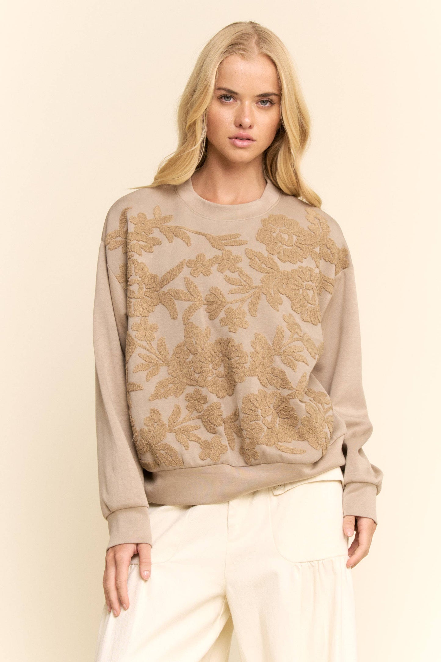 Davi & Dani - SHEER FLORAL FRONT EMBROIDERY ON SELF SWEATSHIRT