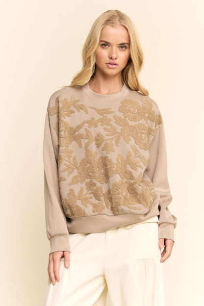 Davi & Dani - SHEER FLORAL FRONT EMBROIDERY ON SELF SWEATSHIRT