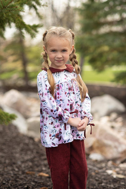 Wren & James - Kids Wine Burgundy Corduroy Pocket Bow Winter Pant Set