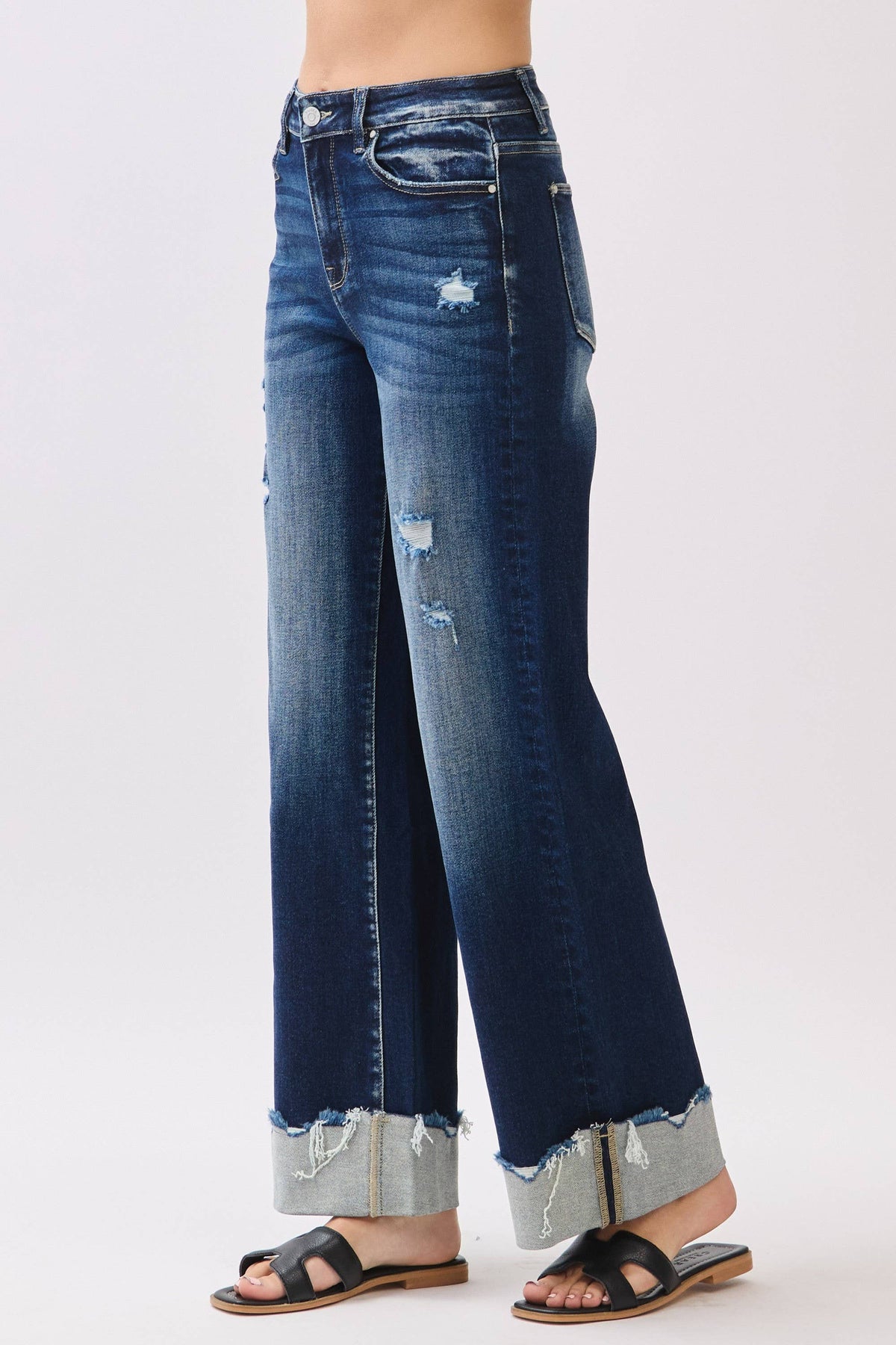 Petra153 - P1554W-DK HIGH RISE STRETCH WIDE LEG W/ CUFFED HEM JEANS