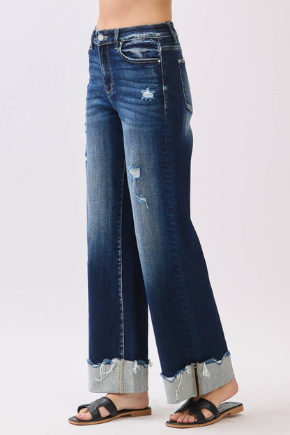 Petra153 - P1554W-DK HIGH RISE STRETCH WIDE LEG W/ CUFFED HEM JEANS