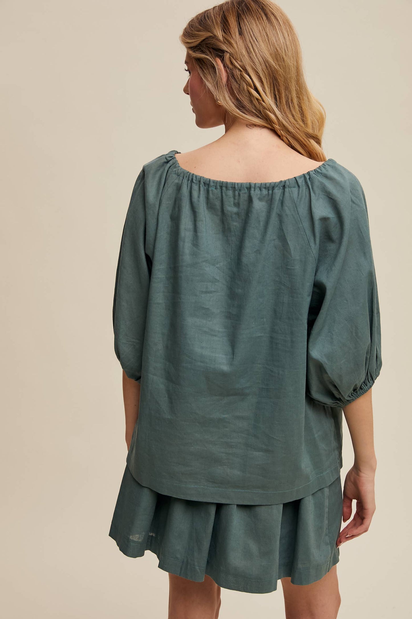 Listicle - Linen Puff Sleeve Blouse & Pleated Skirt Set