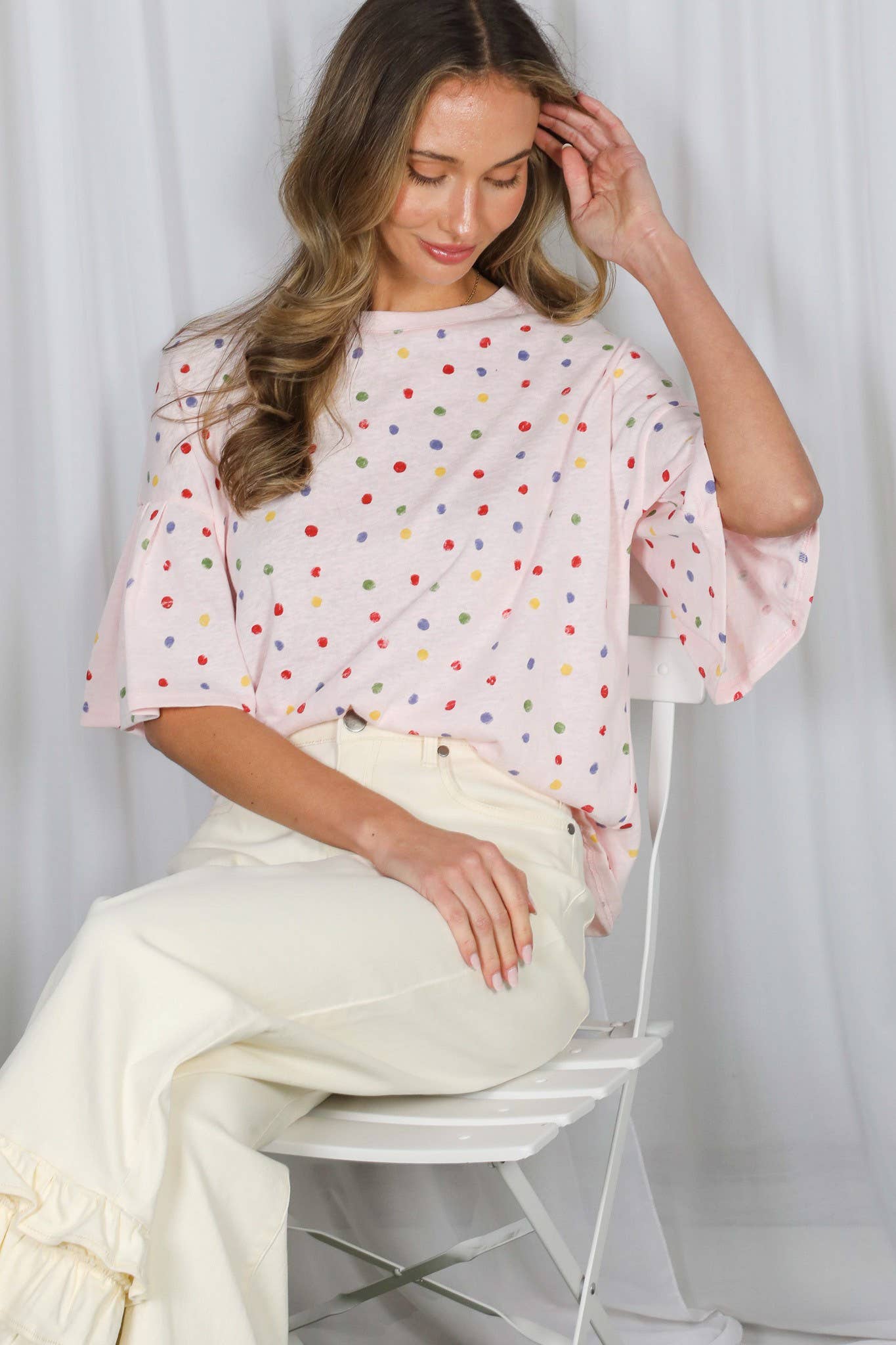 Vine & Love - Colorful Polka Dot Short Ruffle Sleeve Knit Top VT82765A