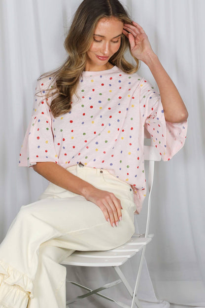 Vine & Love - Colorful Polka Dot Short Ruffle Sleeve Knit Top VT82765A