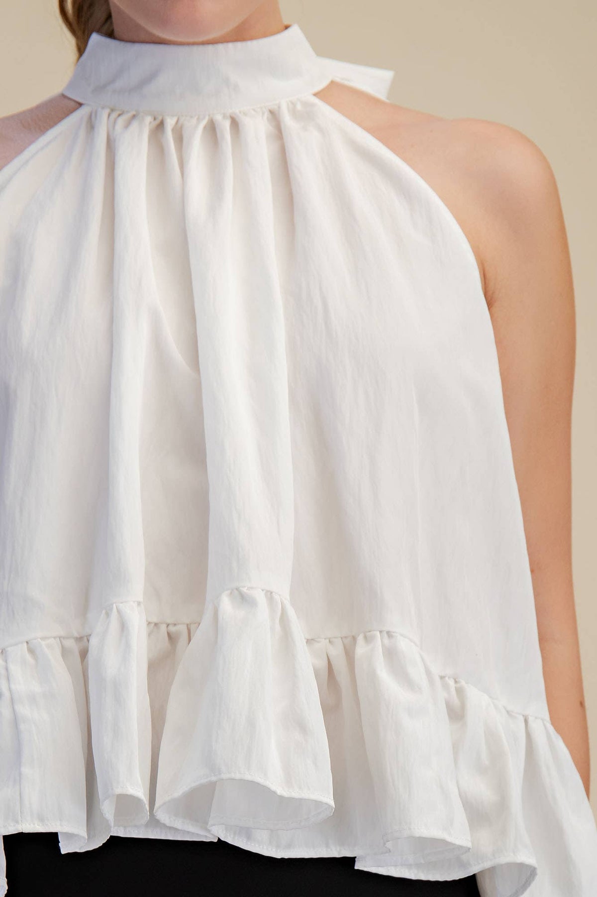 Glam - Halter Neck Sleeveless Back Neck Tie Ruffle Top