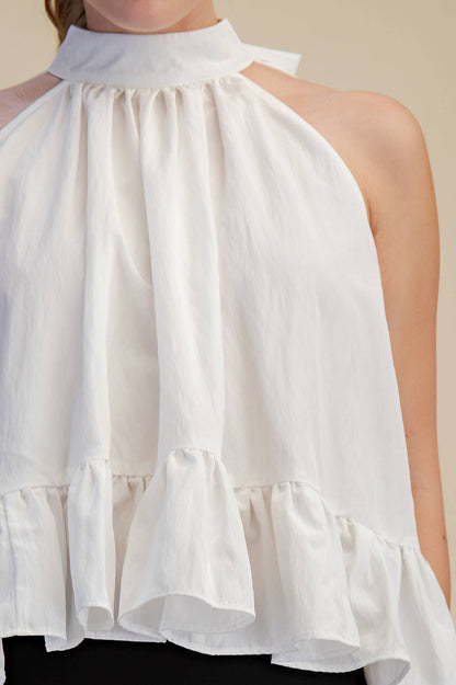 Glam - Halter Neck Sleeveless Back Neck Tie Ruffle Top