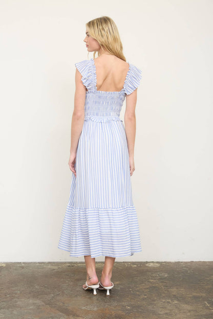 STRIPE SMOCKED RUFFLE TRIM MIDI DRESS