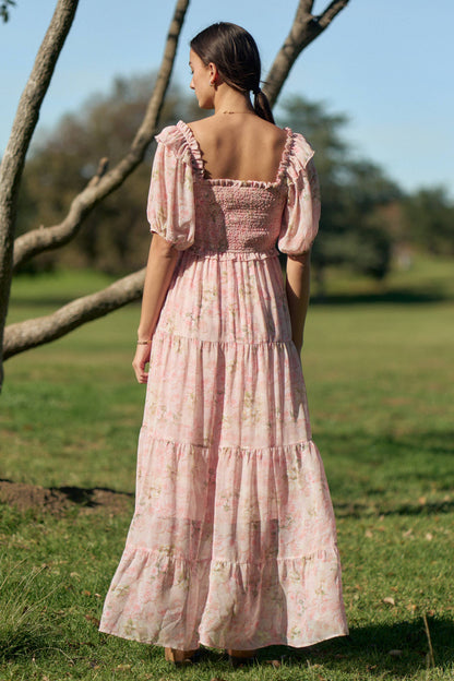 Davi & Dani - SMOCKED SQUARE NECK TIERED FLORAL MAXI DRESS