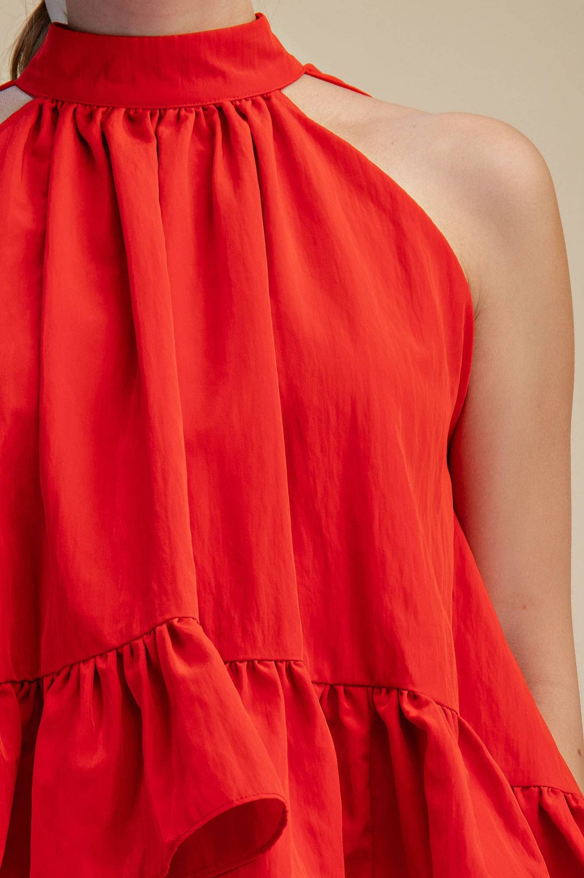 Glam - Halter Neck Sleeveless Back Neck Tie Ruffle Top