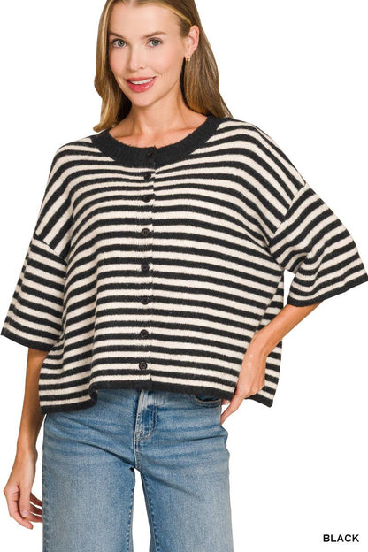 Striped Wool Blend Short Sleeve Cardigan Sweater
