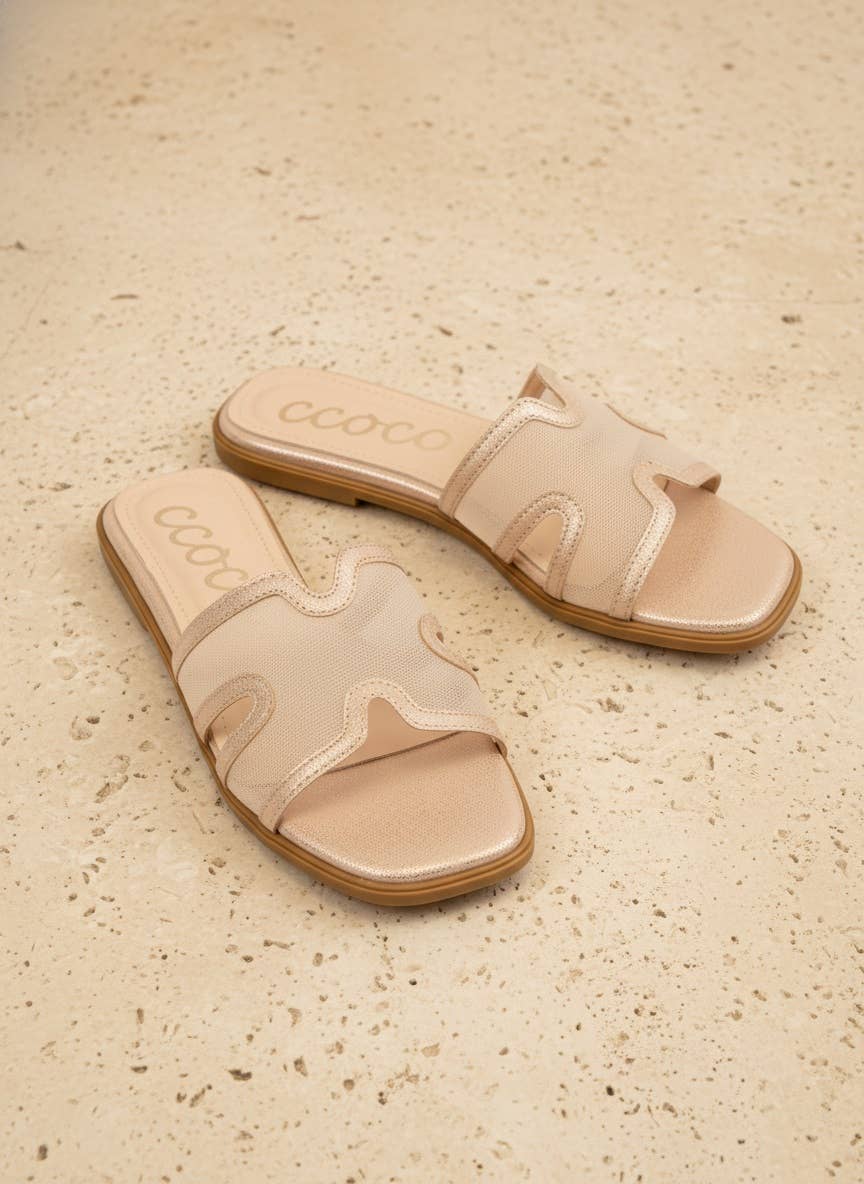 CCOCCI - BRITNEY Lace Mesh Sandals  H-Cutout Square Toe Slides