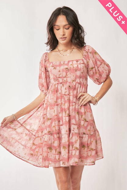 Davi & Dani - PLUS FLORAL BALLOON SLEEVE RUFFLE STRAP MINI DRESS