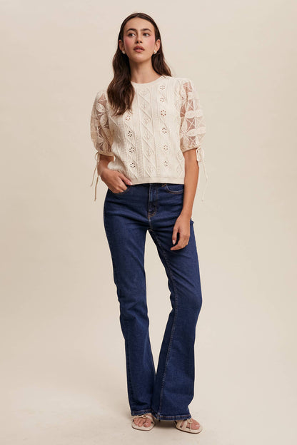 Listicle - Eyelet Puff Sleeve Knit Sweater Top