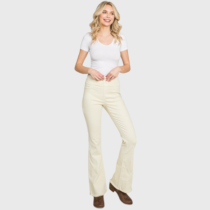 Petra153 - (PETITE) PZ772HF-BE HIGH RISE PULL-ON BOOTCUT W/ FRAYED HEM