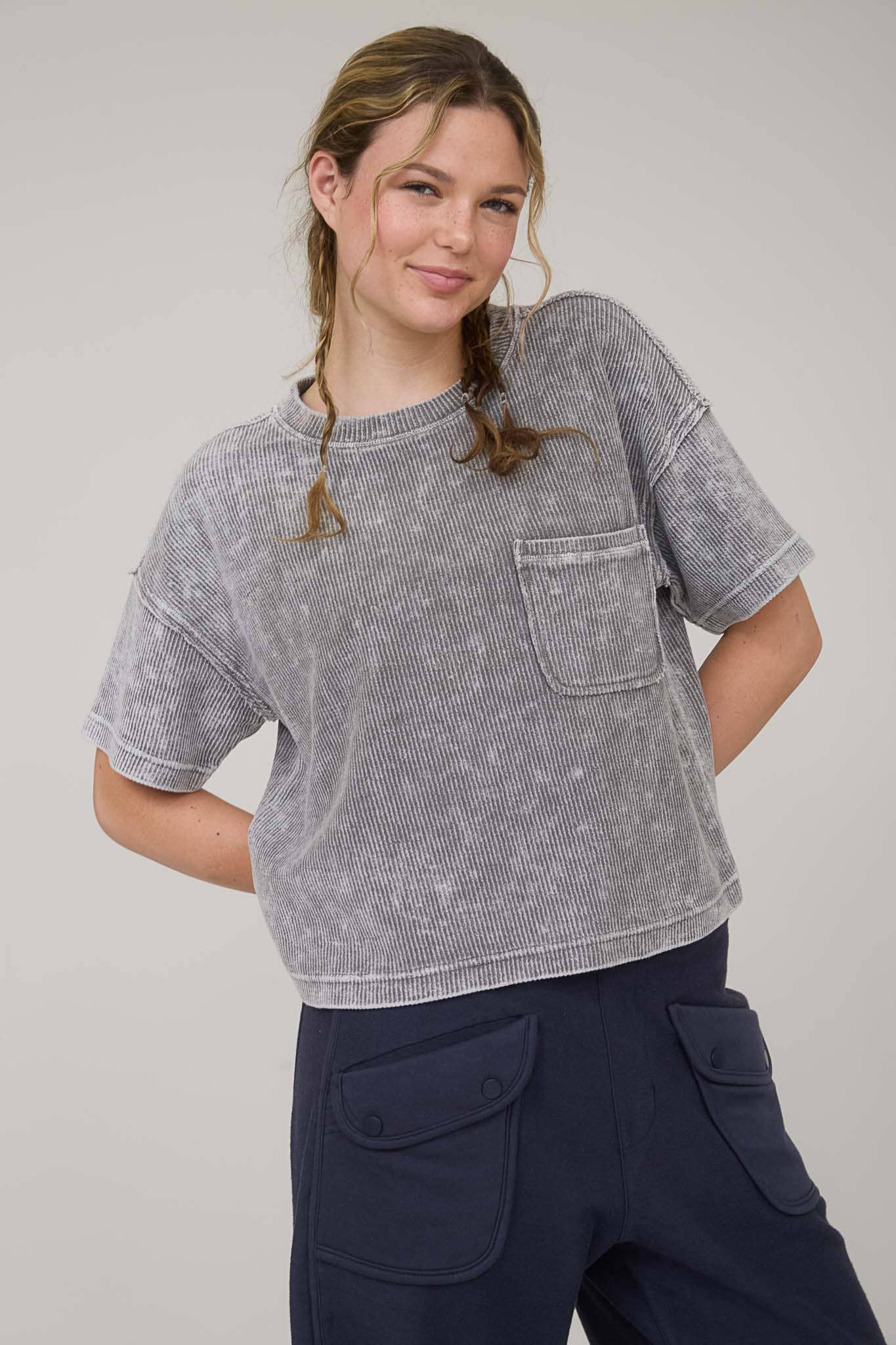 Washed Ribbed Short Sleeve Tee with Pocket