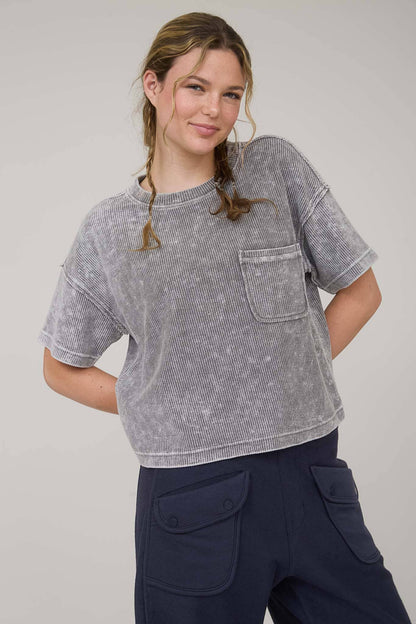 Washed Ribbed Short Sleeve Tee with Pocket