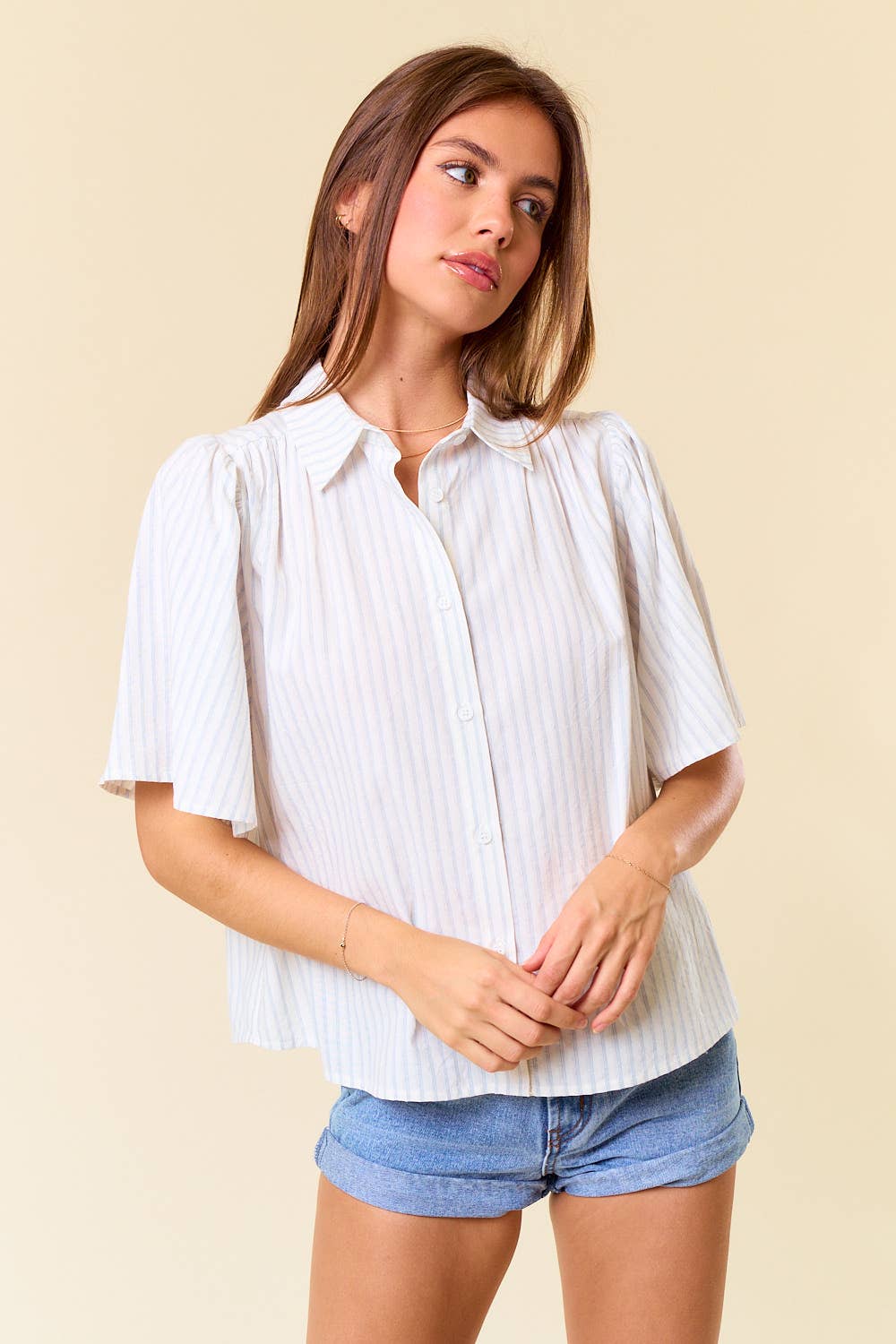 Stripe Short Sleeve Flowy Button-Down Shirt