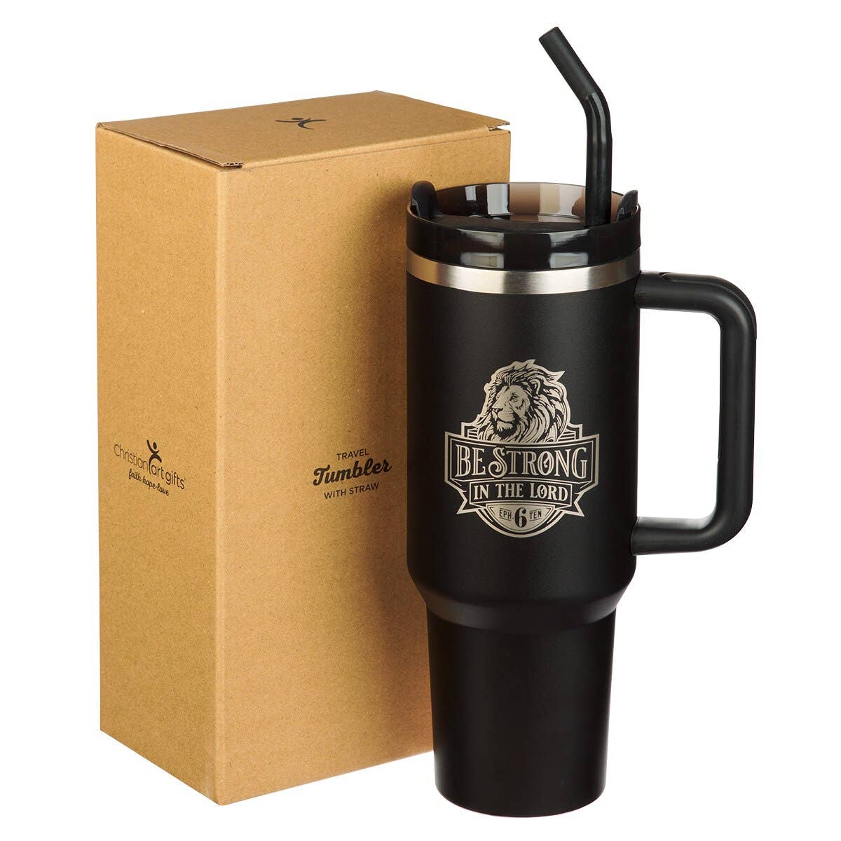 Christian Art Gifts - Tumbler w/straw SS Black Eph. 6:10