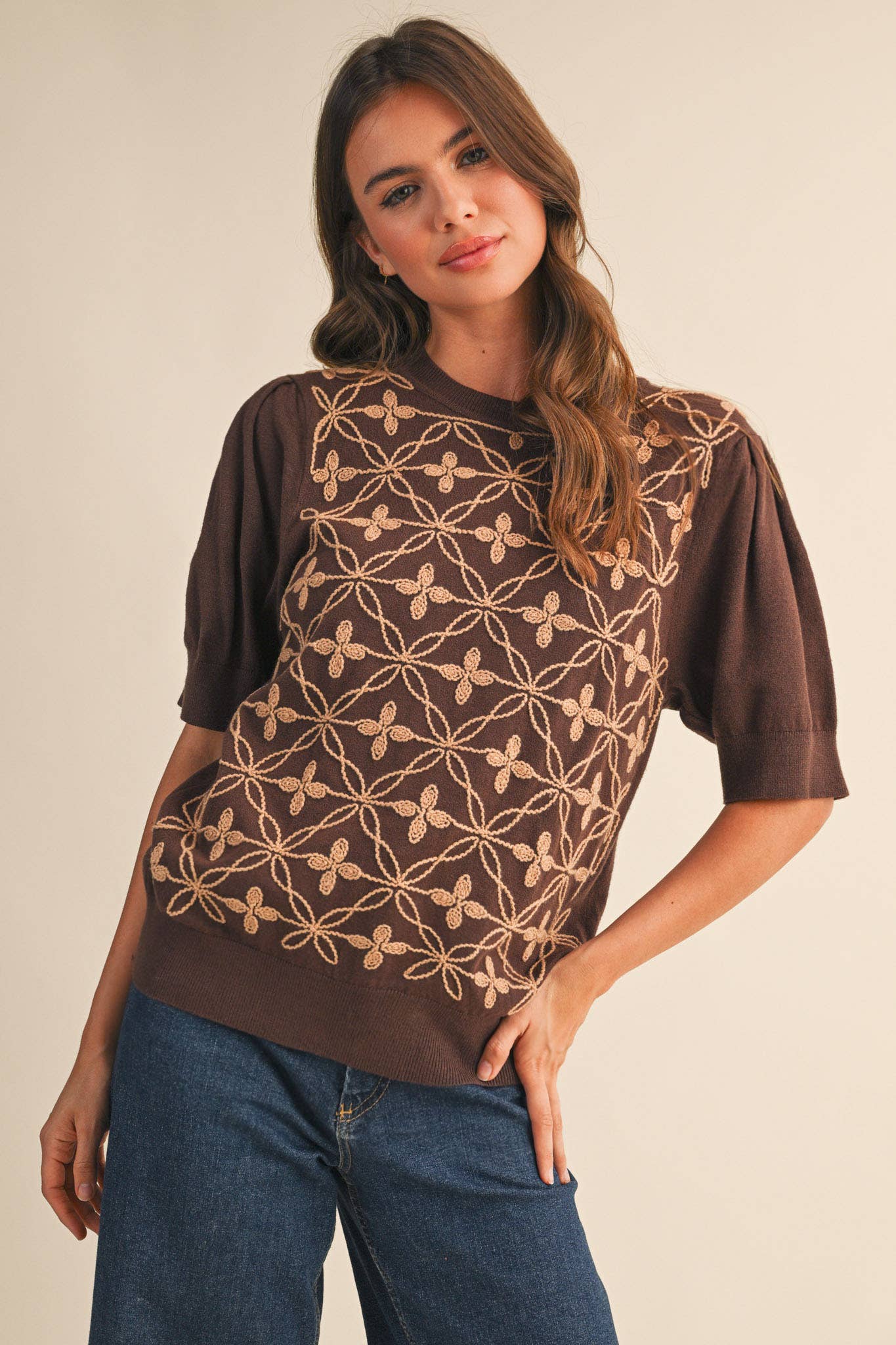 SHORT PUFF SLEEVE EMBROIDERY FRONT SWEATER